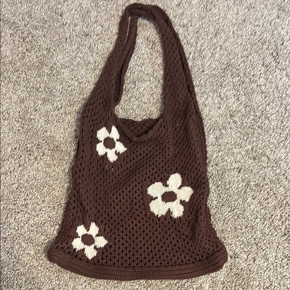 Brown Floral Knit Tote Bag